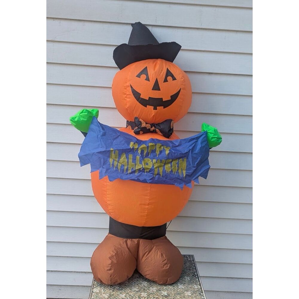 Halloween Airblown Inflatable Jack O' Lantern With Witch Hat & Banner Gemmy 4 ft
